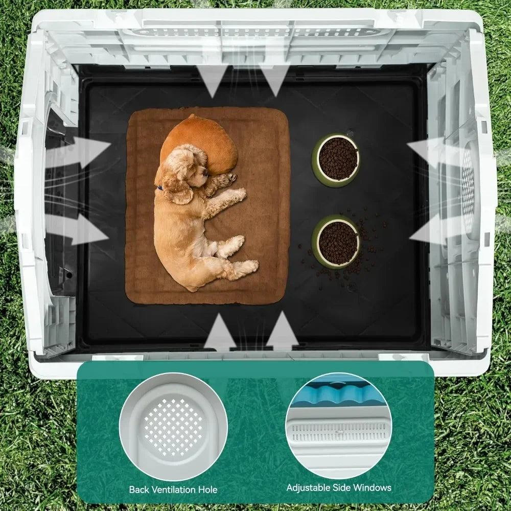 Folding large dog house outdoor plastic dog house with adjustable skylight and elevated base for small to medium sized dogs
