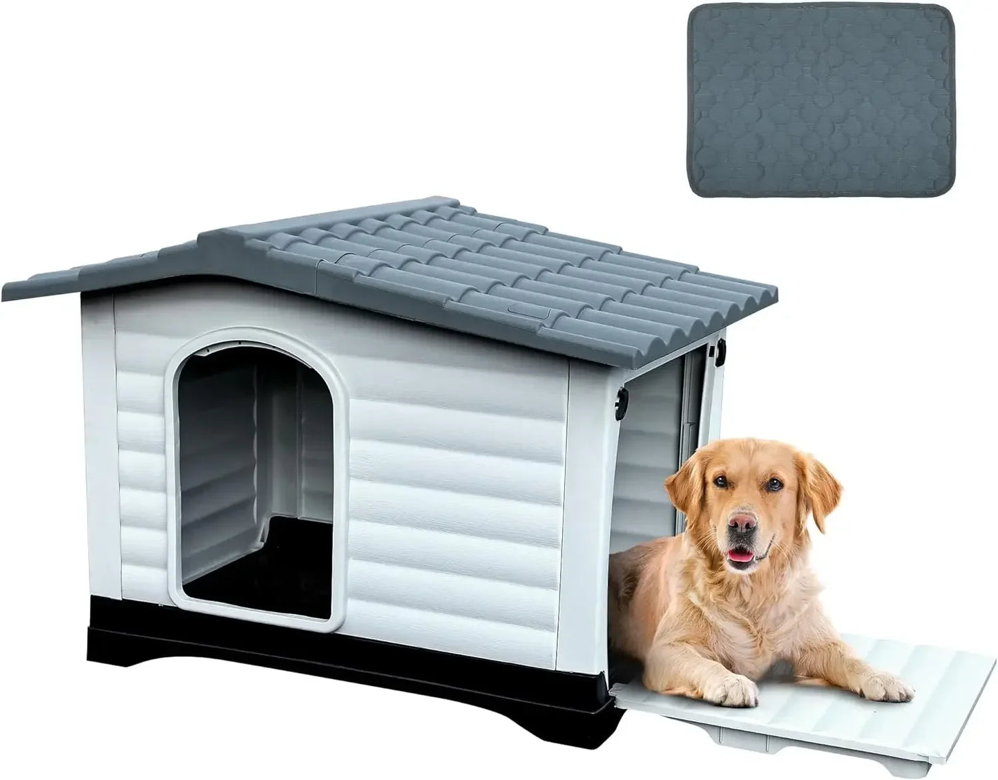 Folding large dog house outdoor plastic dog house with adjustable skylight and elevated base for small to medium sized dogs
