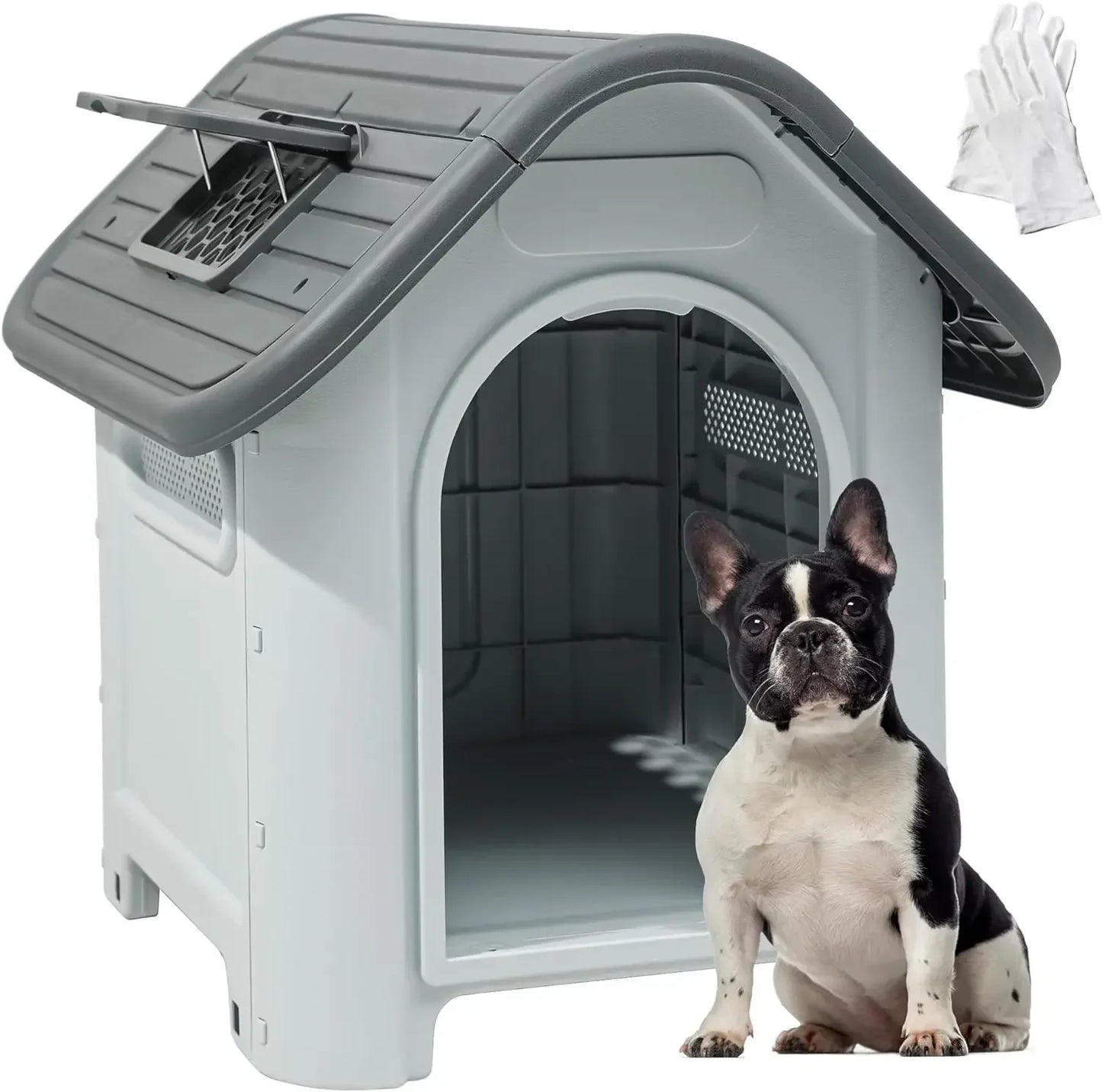 Folding large dog house outdoor plastic dog house with adjustable skylight and elevated base for small to medium sized dogs
