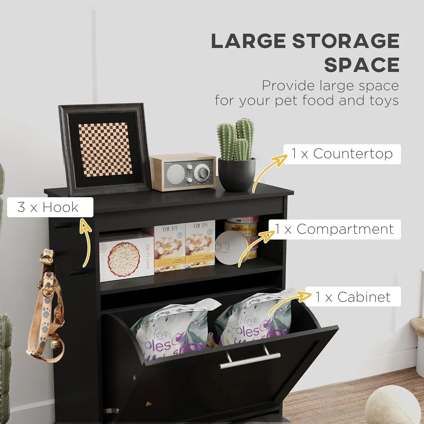 Food Storage Pet Feeder Cabinet Raised Bowls