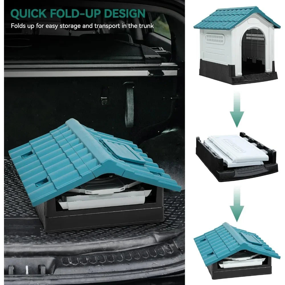 Folding large dog house outdoor plastic dog house with adjustable skylight and elevated base for small to medium sized dogs
