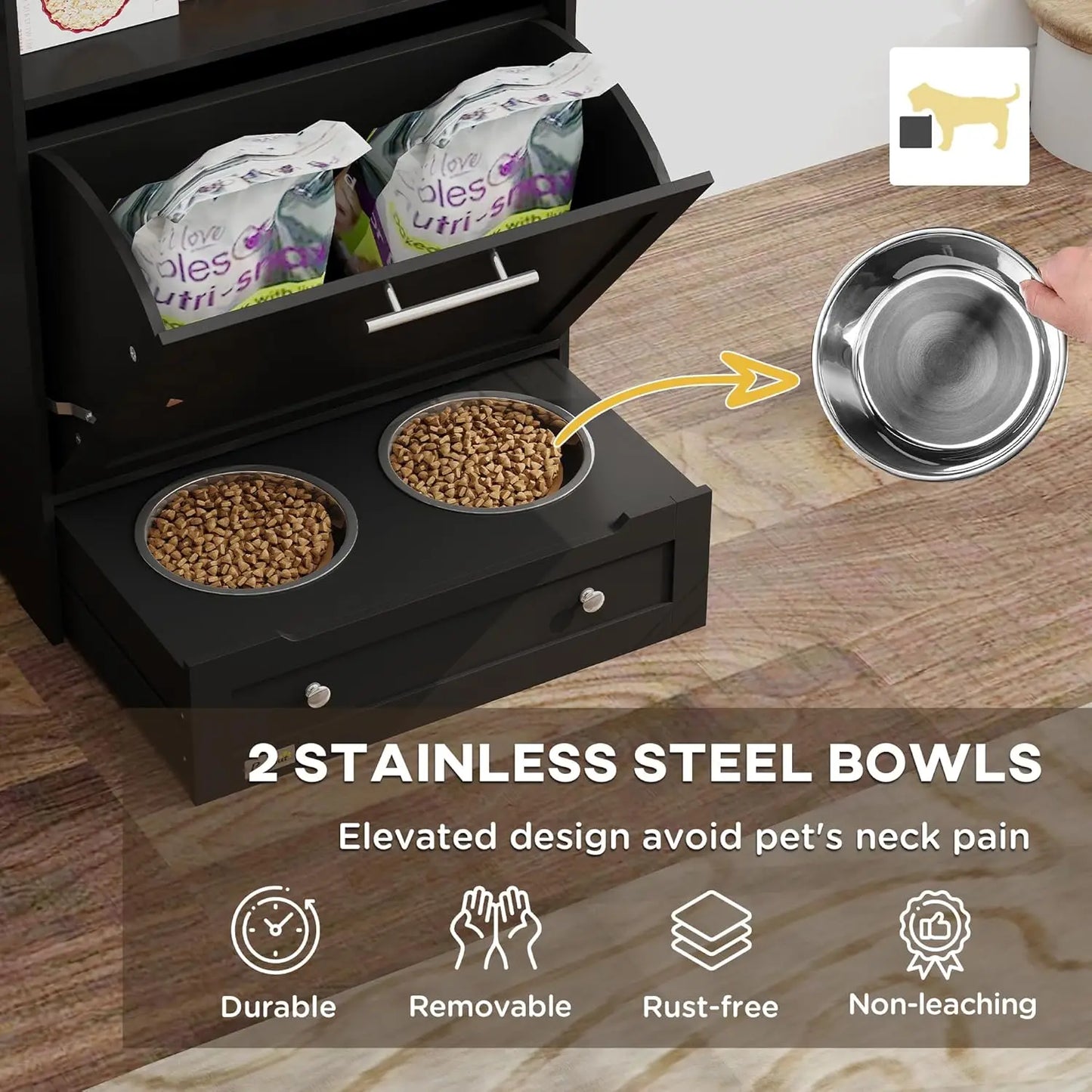 Food Storage Pet Feeder Cabinet Raised Bowls