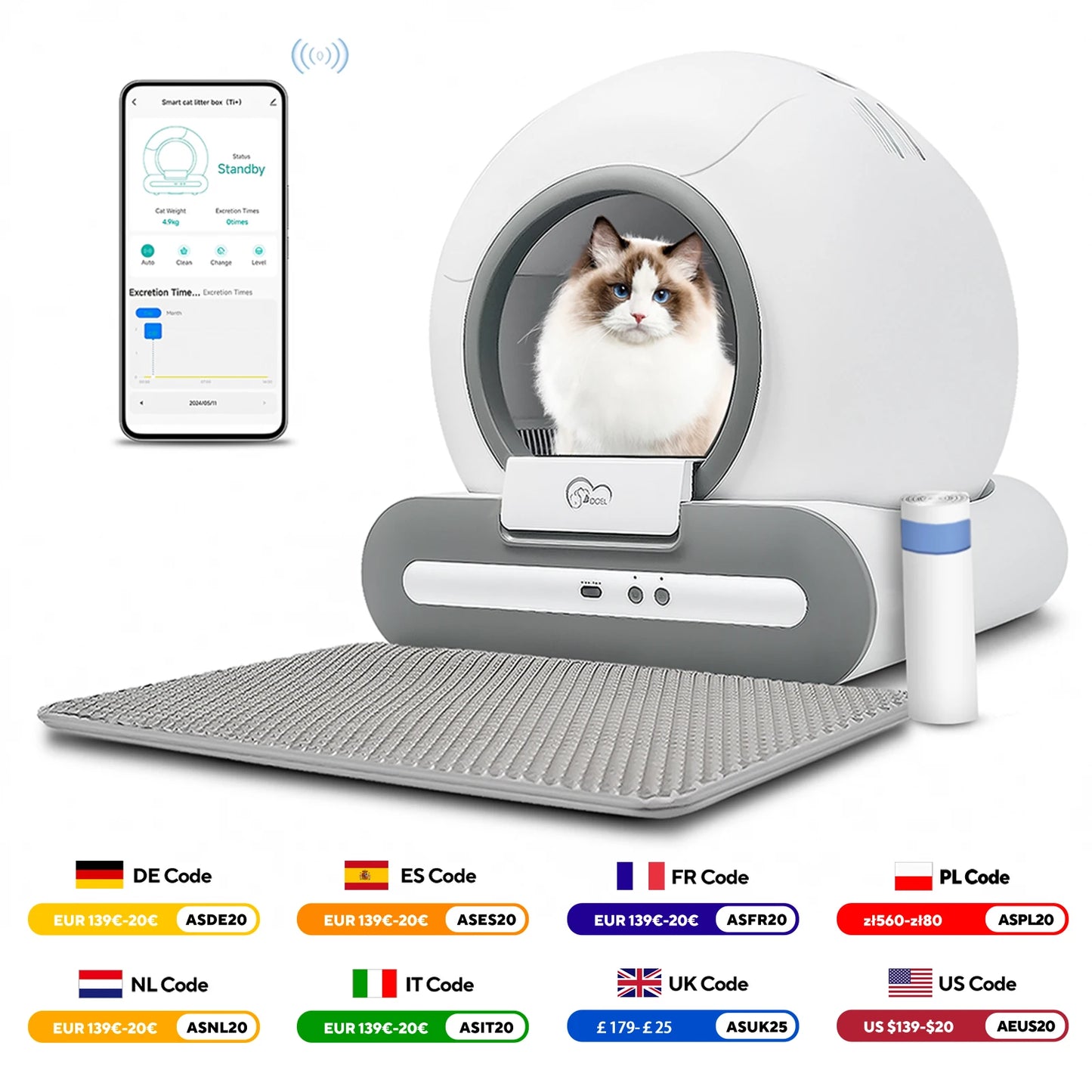 DOEL Automatic Cat Litter Box Self Cleaning with App Control & Cat Litter Mat Smart Cat Toilet for Multiple Large Cats