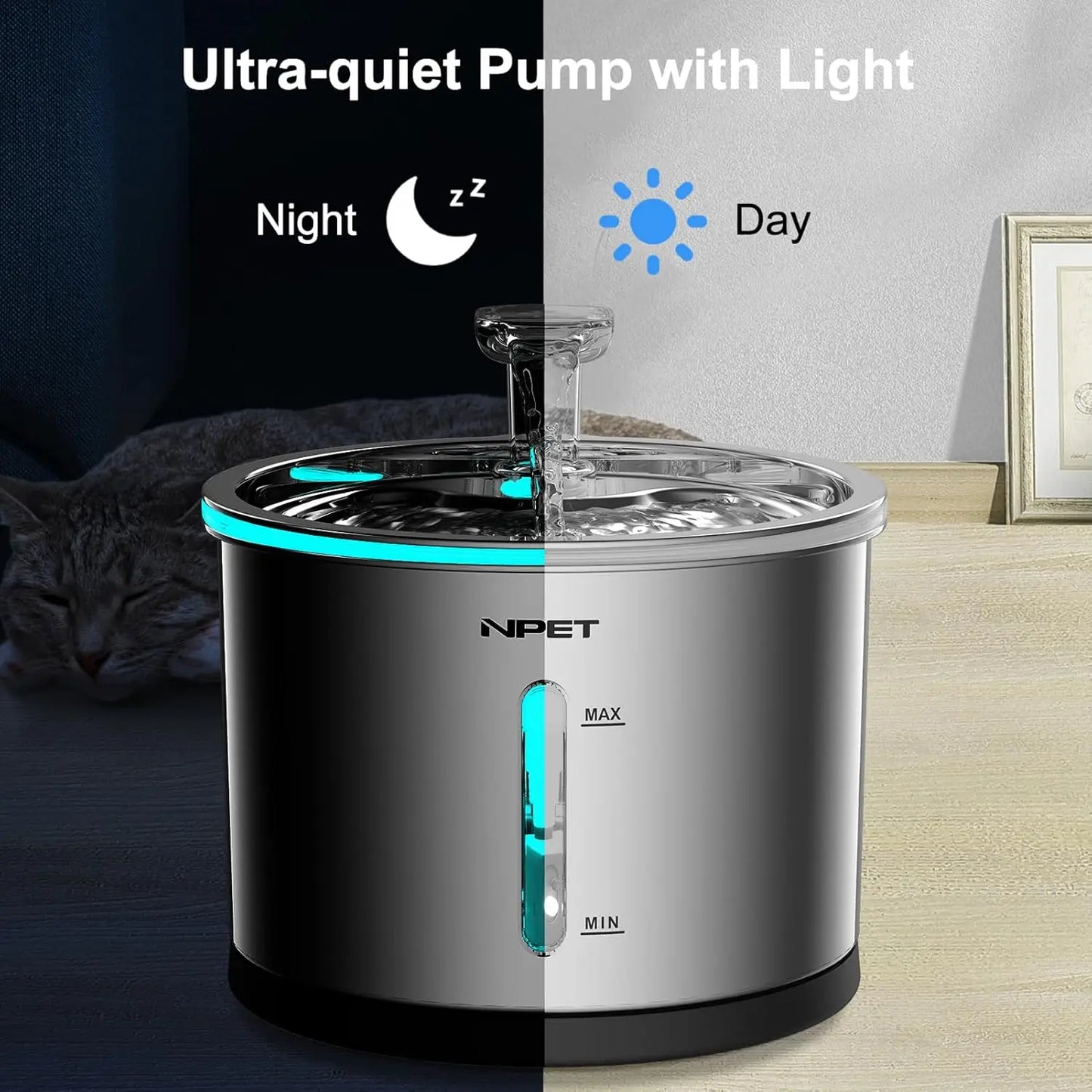 NPET Cat Water Fountain Stainless Steel, 50oz/1.5L