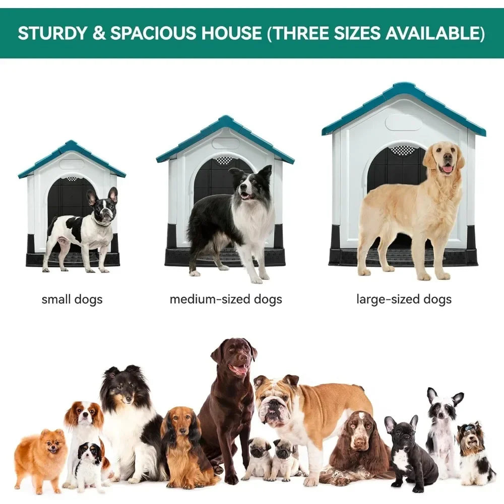 Folding large dog house outdoor plastic dog house with adjustable skylight and elevated base for small to medium sized dogs
