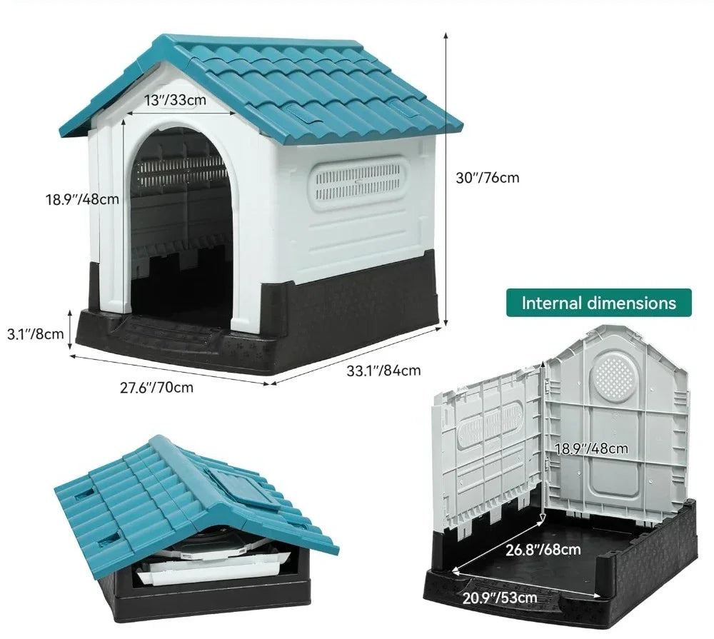 Folding large dog house outdoor plastic dog house with adjustable skylight and elevated base for small to medium sized dogs