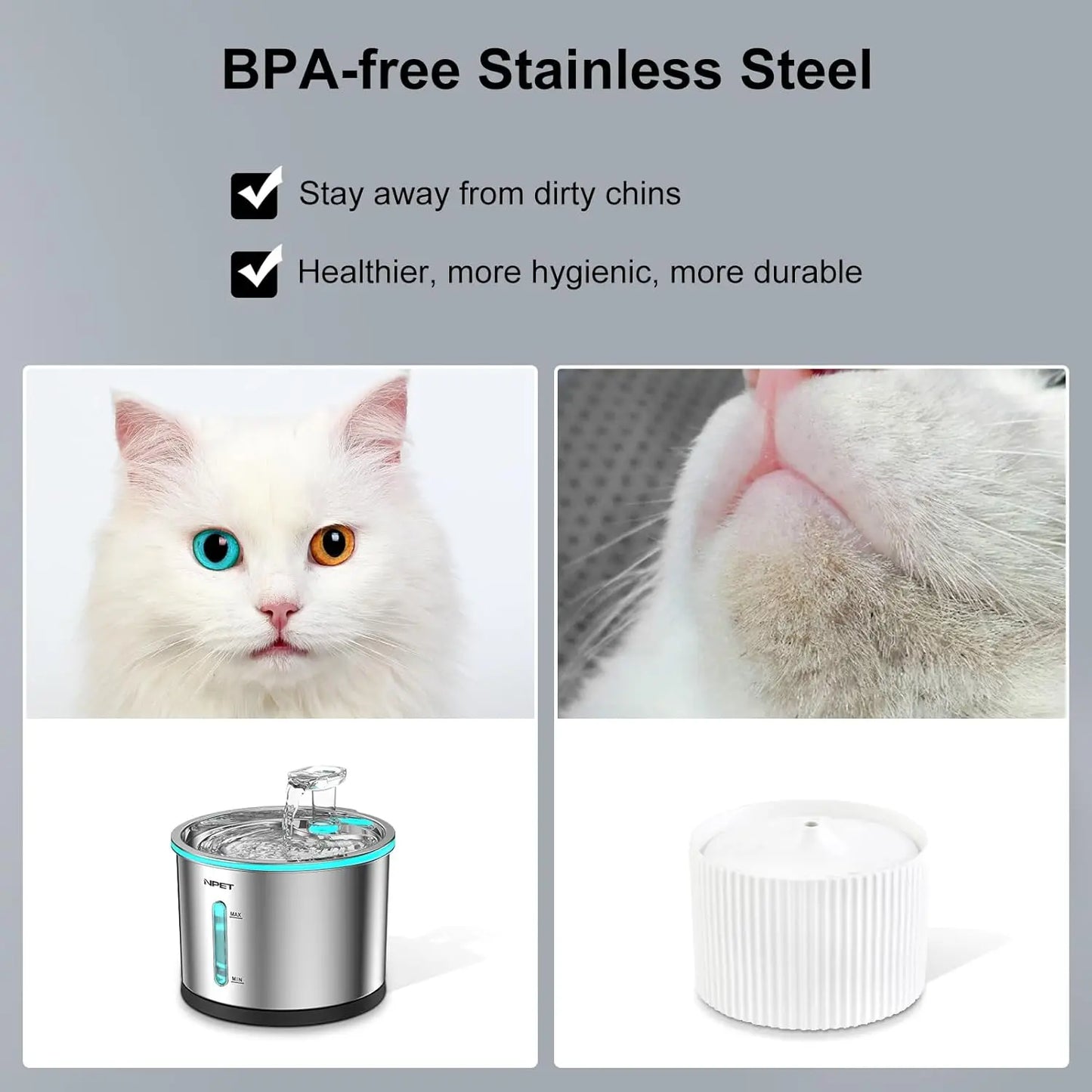 NPET Cat Water Fountain Stainless Steel, 50oz/1.5L