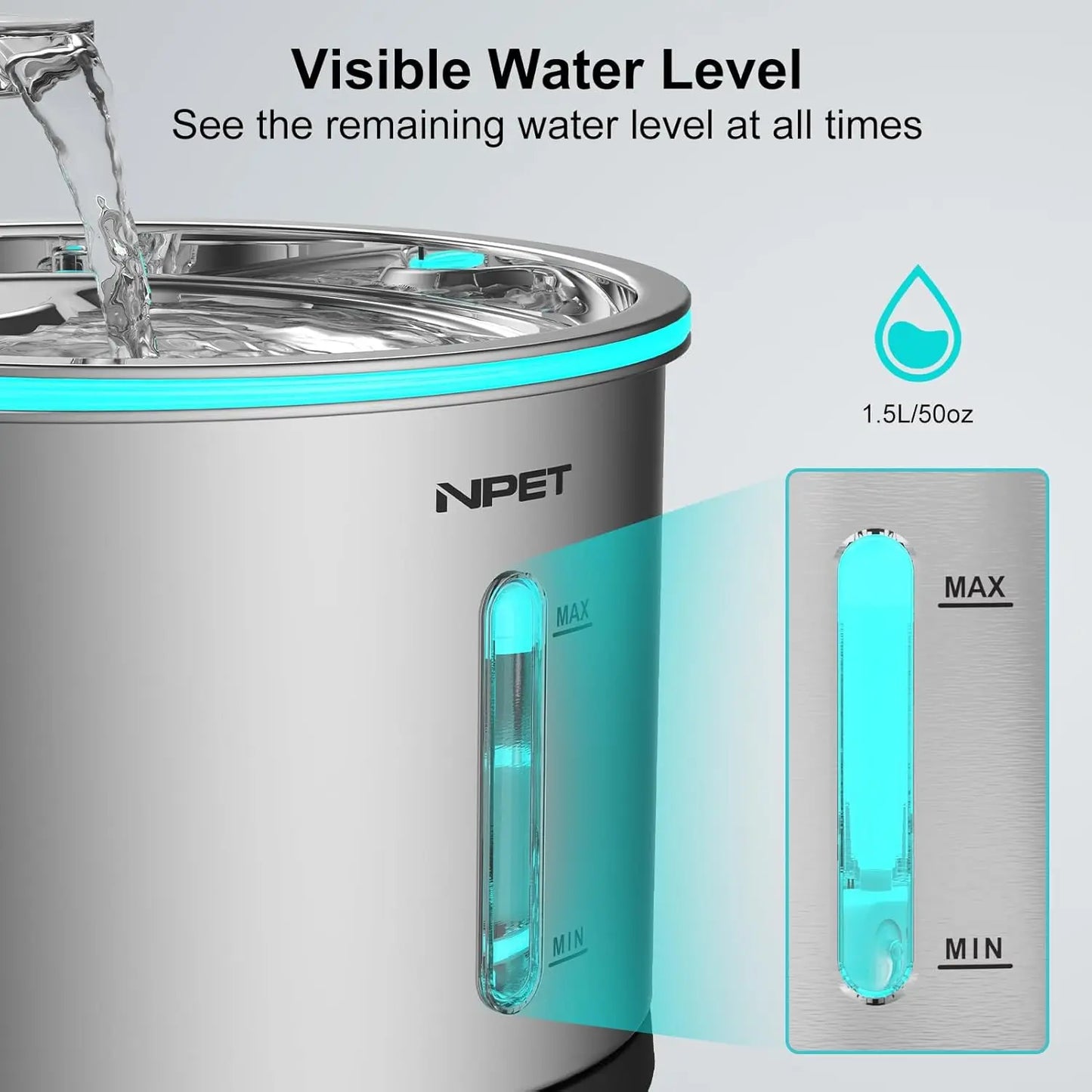 NPET Cat Water Fountain Stainless Steel, 50oz/1.5L