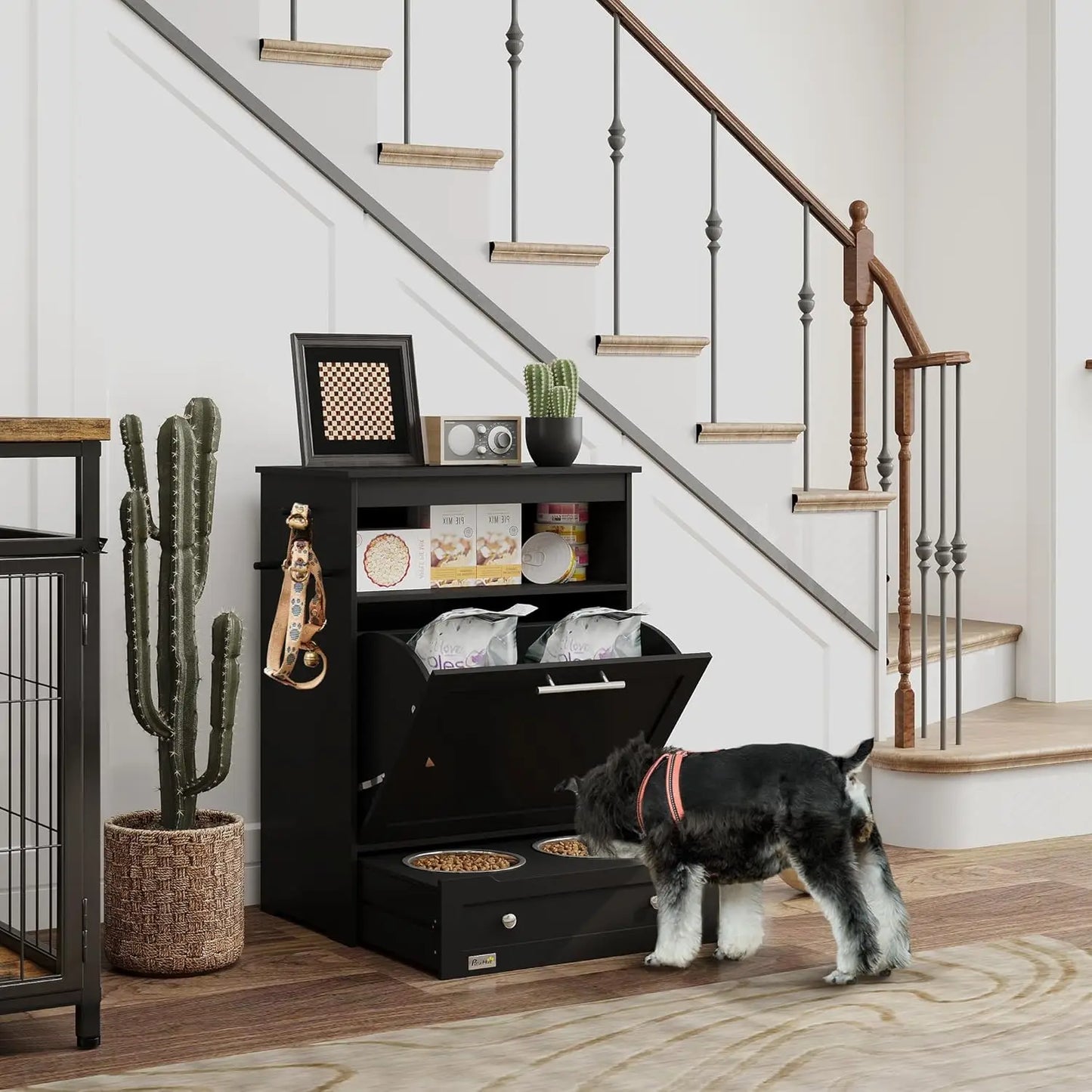 Food Storage Pet Feeder Cabinet Raised Bowls