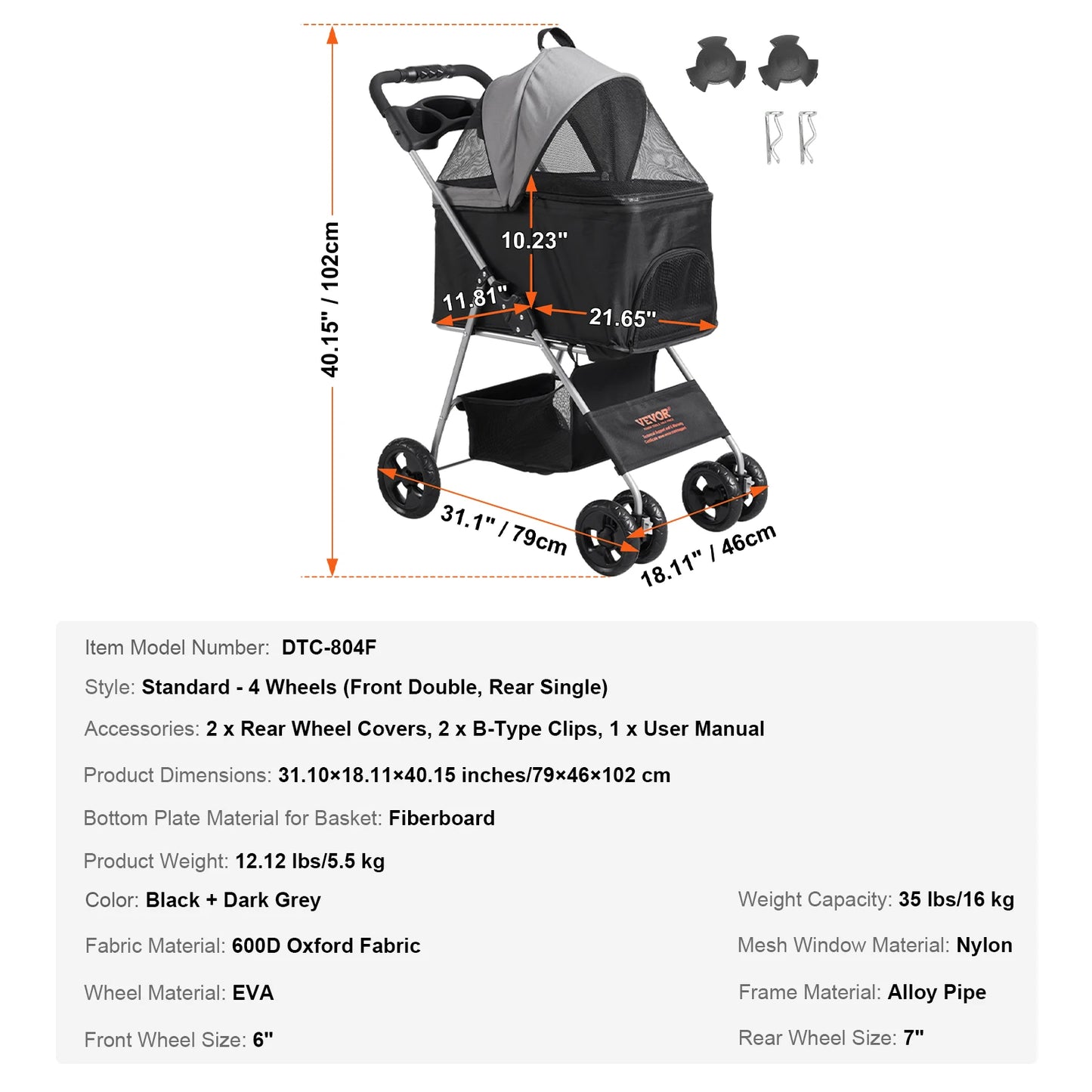 VEVOR Pet Stroller Carrier Dog Cat Lightweight