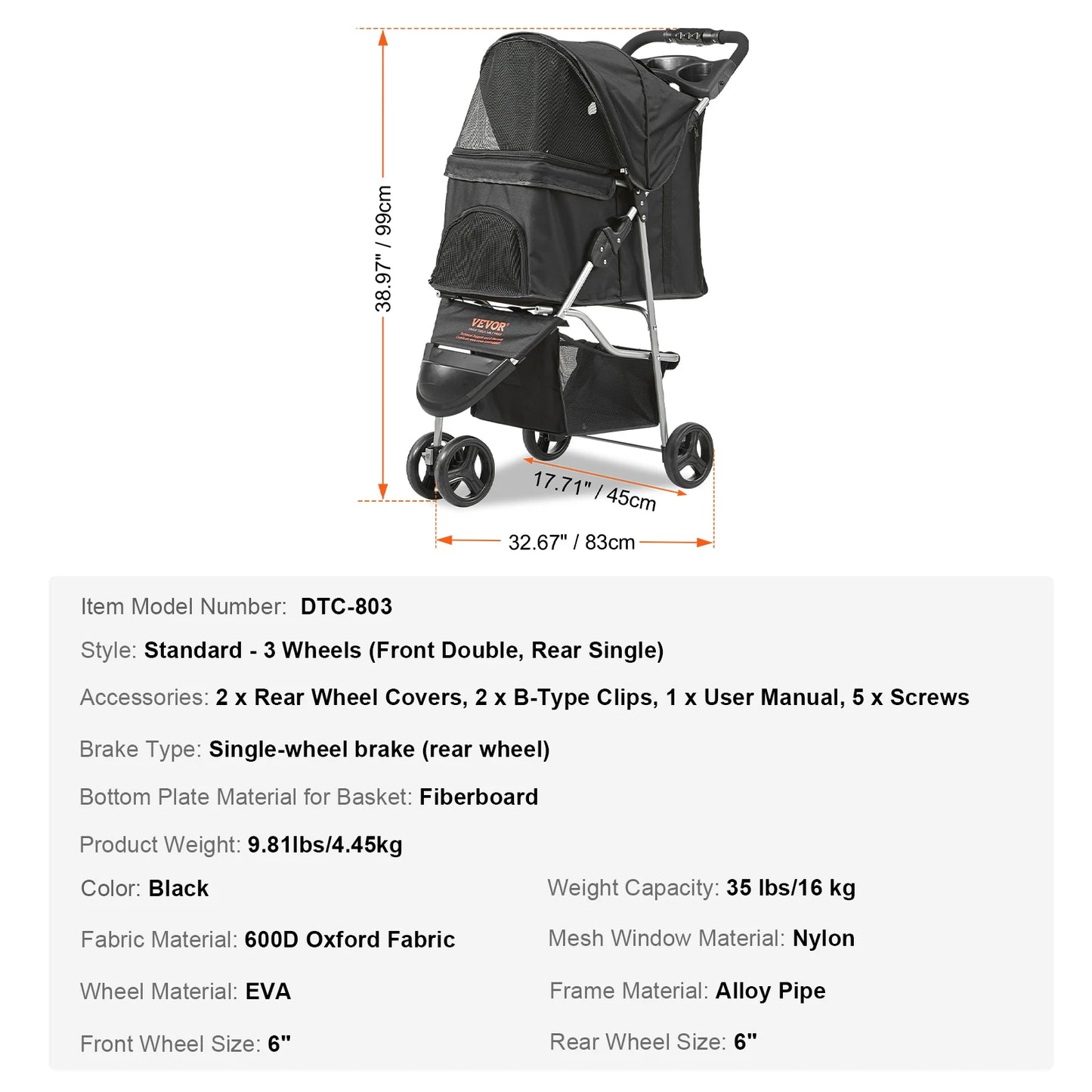 VEVOR Pet Stroller Carrier Dog Cat Lightweight