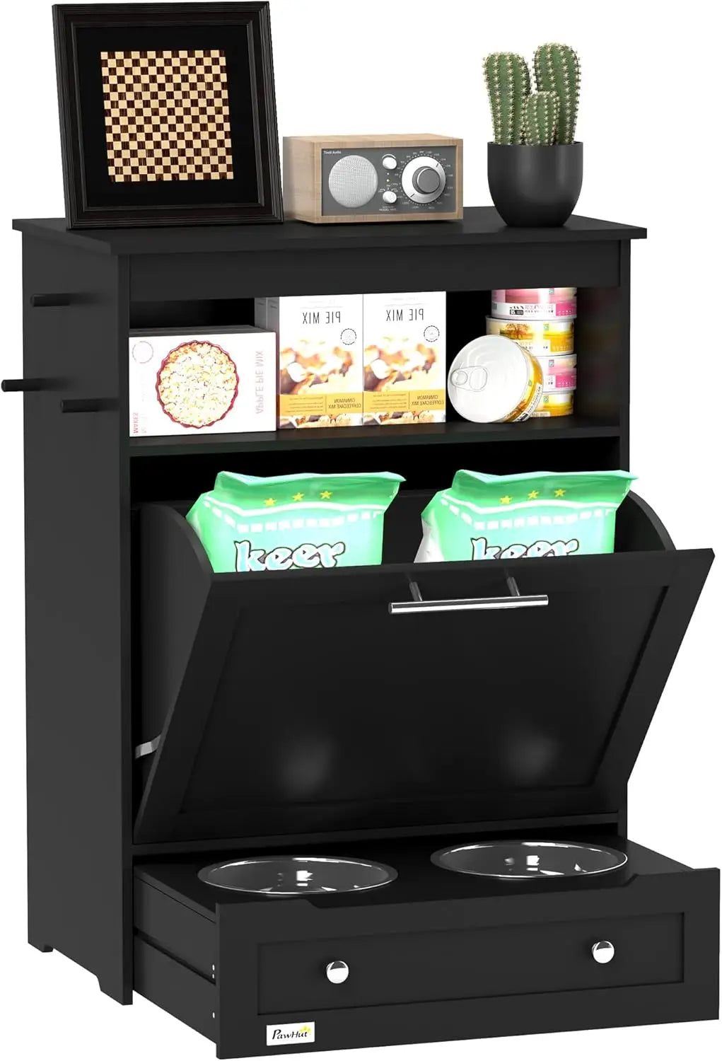 Food Storage Pet Feeder Cabinet Raised Bowls