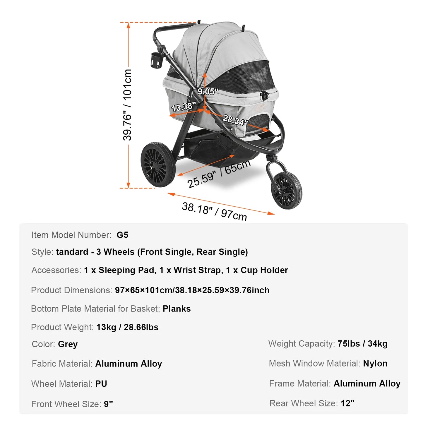 VEVOR Pet Stroller Carrier Dog Cat Lightweight