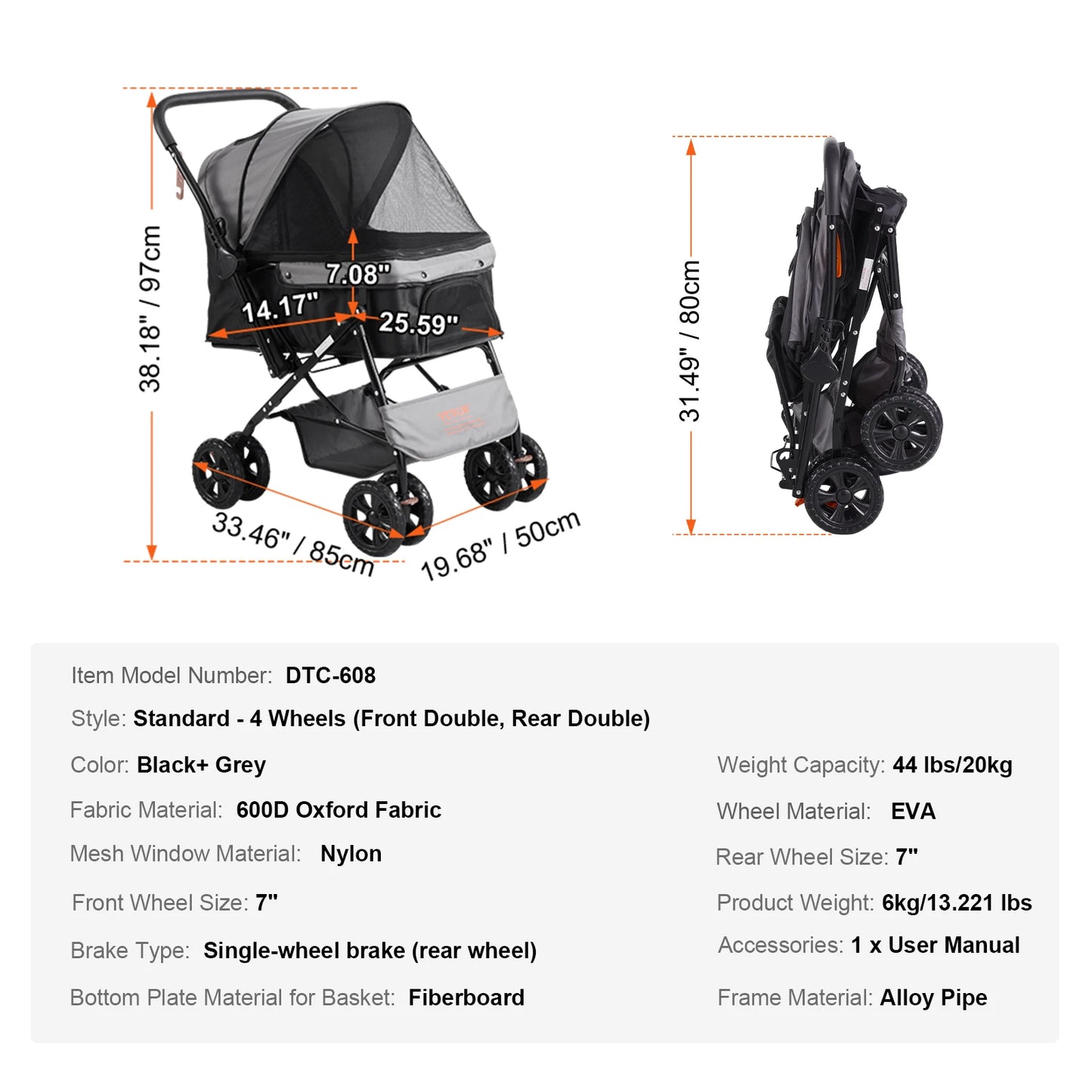 VEVOR Pet Stroller Carrier Dog Cat Lightweight